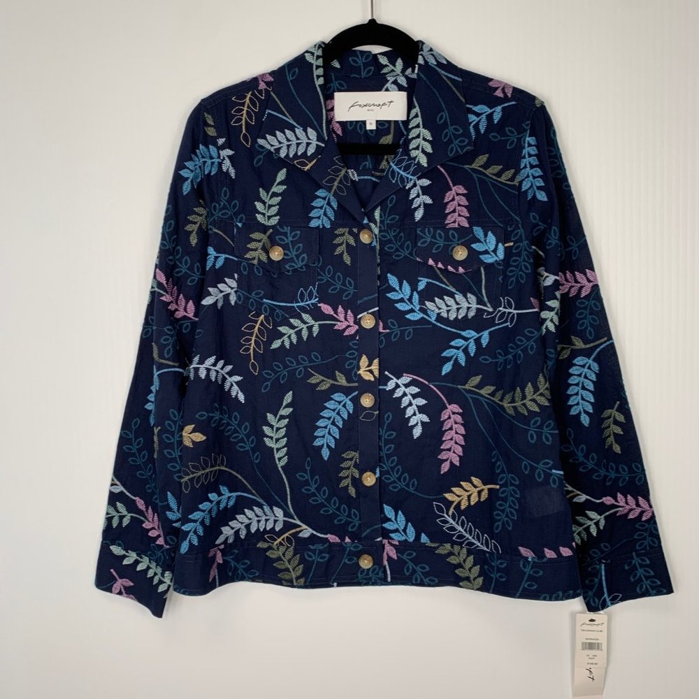 Foxcroft Button Up Women 10 Embroidery Pocket Shacket Getaway Work Party Core Ne